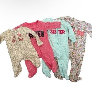 Lot Of 4 Little Sister Footie Pajamas Newborn 0-3 3-6 6-9 Months 2 Way Zipper